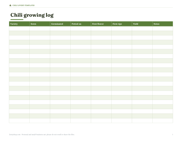 Preview of Printable Chili Growing Log