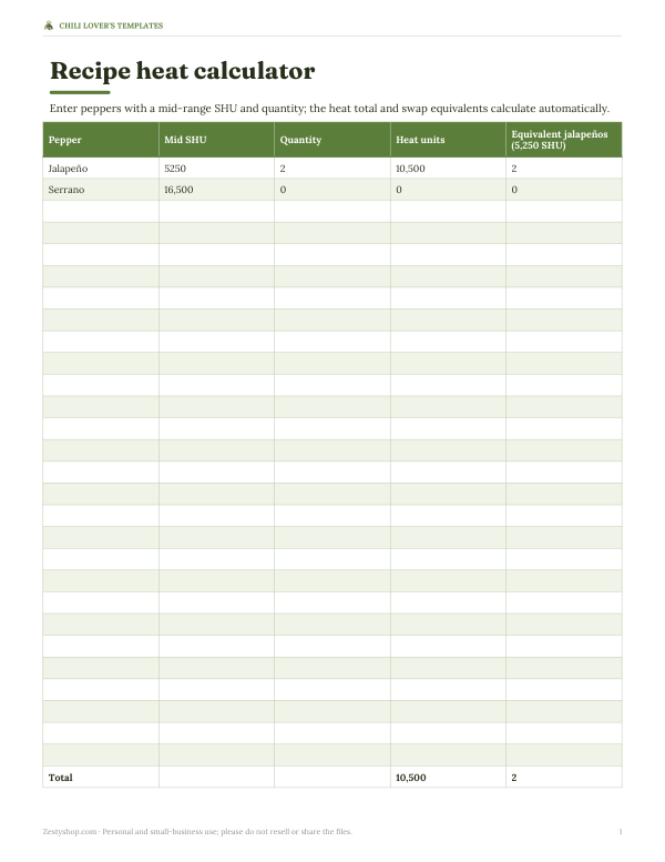 Preview of Printable Chili Heat Calculator